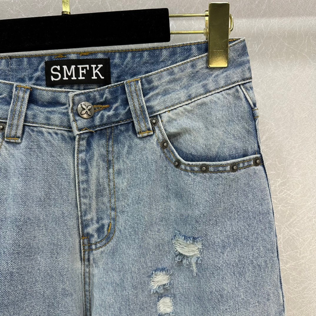 お得100%新品 SMFKジーンズチクマコピー シンプル パンツ 夏 デニムズボン ゆったり ラッパ形 人気新作 ブルー_3