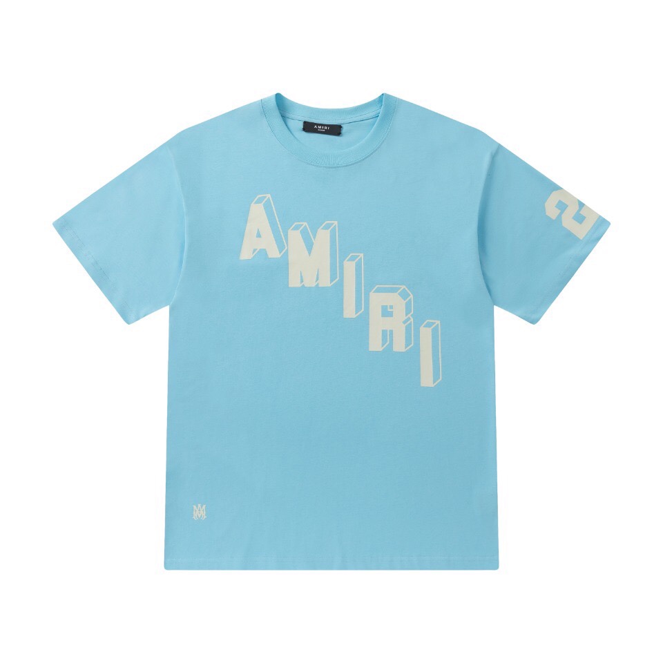 AMIRI 人気定番可愛い tシャツたたみコピー LOGOプリント 半袖 柔らかい 純綿 トップス ブルー_1