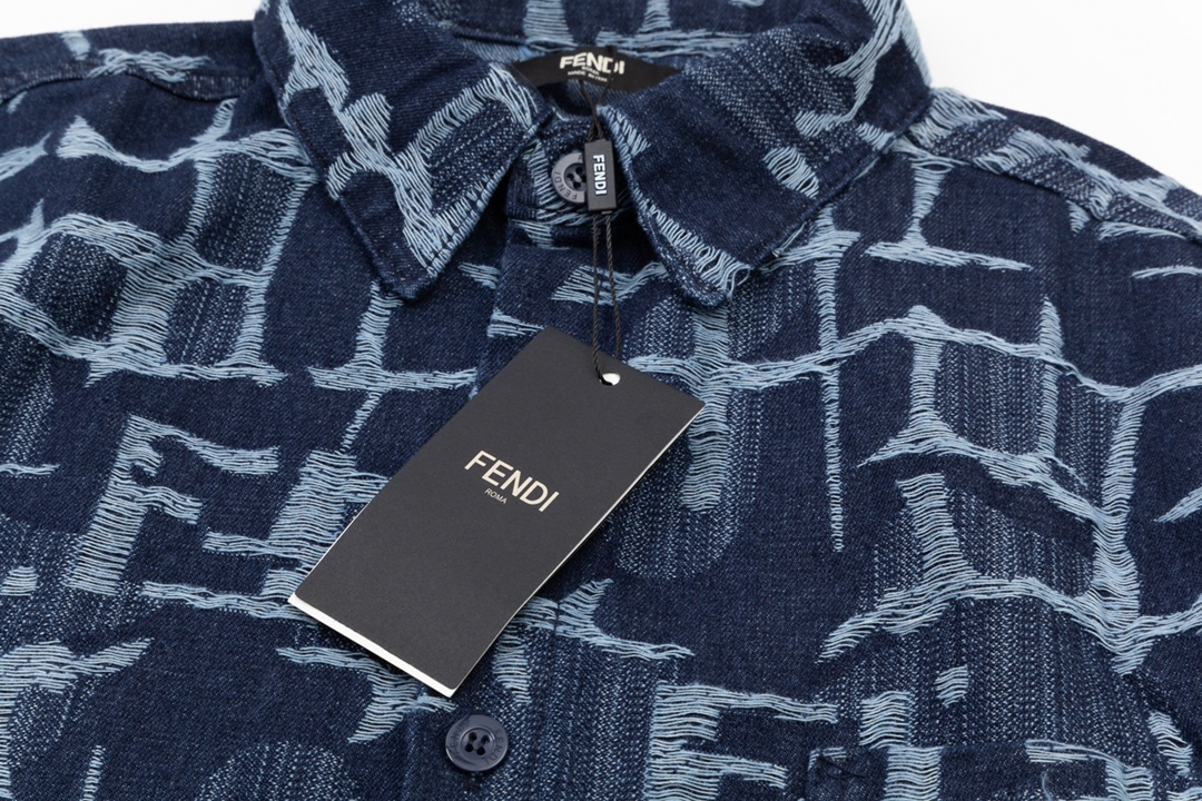 フェンディ シャツ激安通販 トップス ビジネスシャツ デニム素材 個性的 ファッション 半袖 花柄 ブルー_4