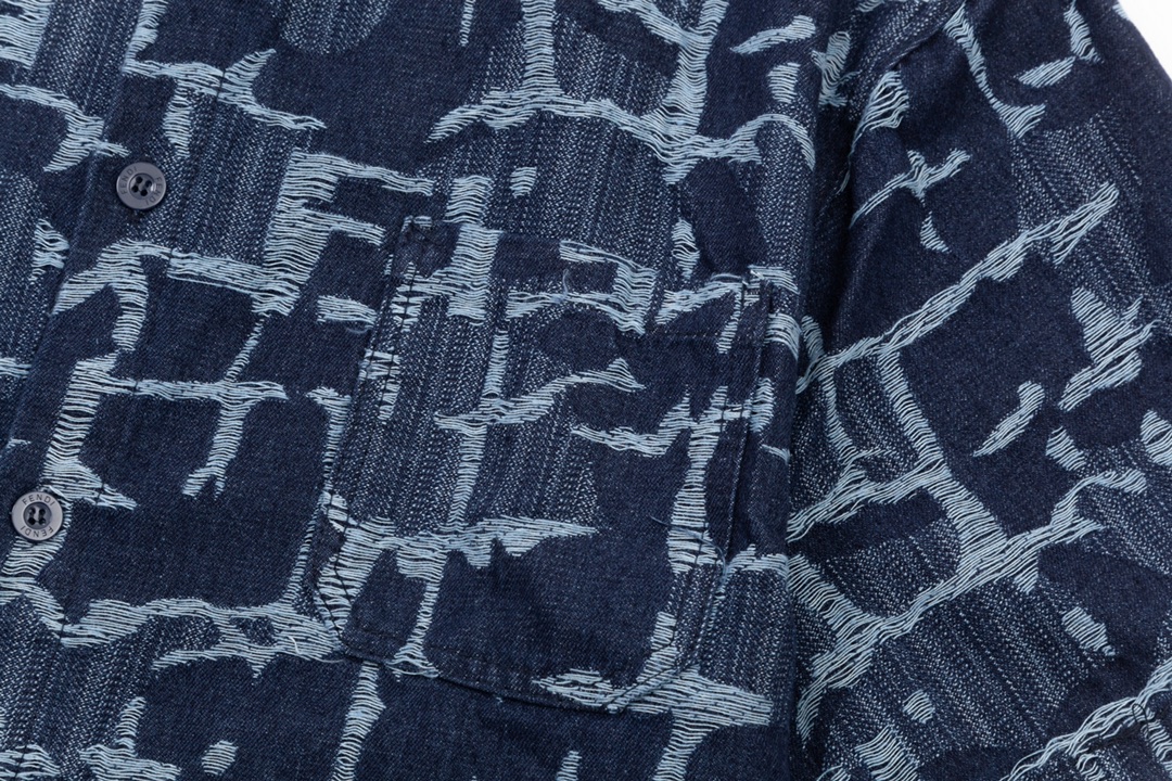 フェンディ シャツ激安通販 トップス ビジネスシャツ デニム素材 個性的 ファッション 半袖 花柄 ブルー_5