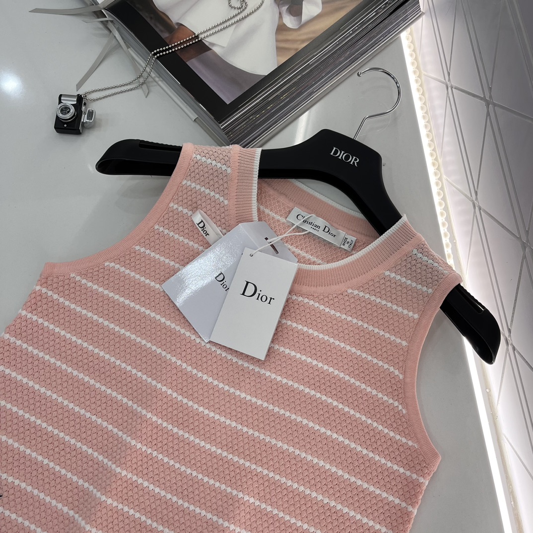 ディオール セーター レディースコピー トップス 無袖 シンプル ニット 通気性いい 縞模様 ファッション ピンク_3