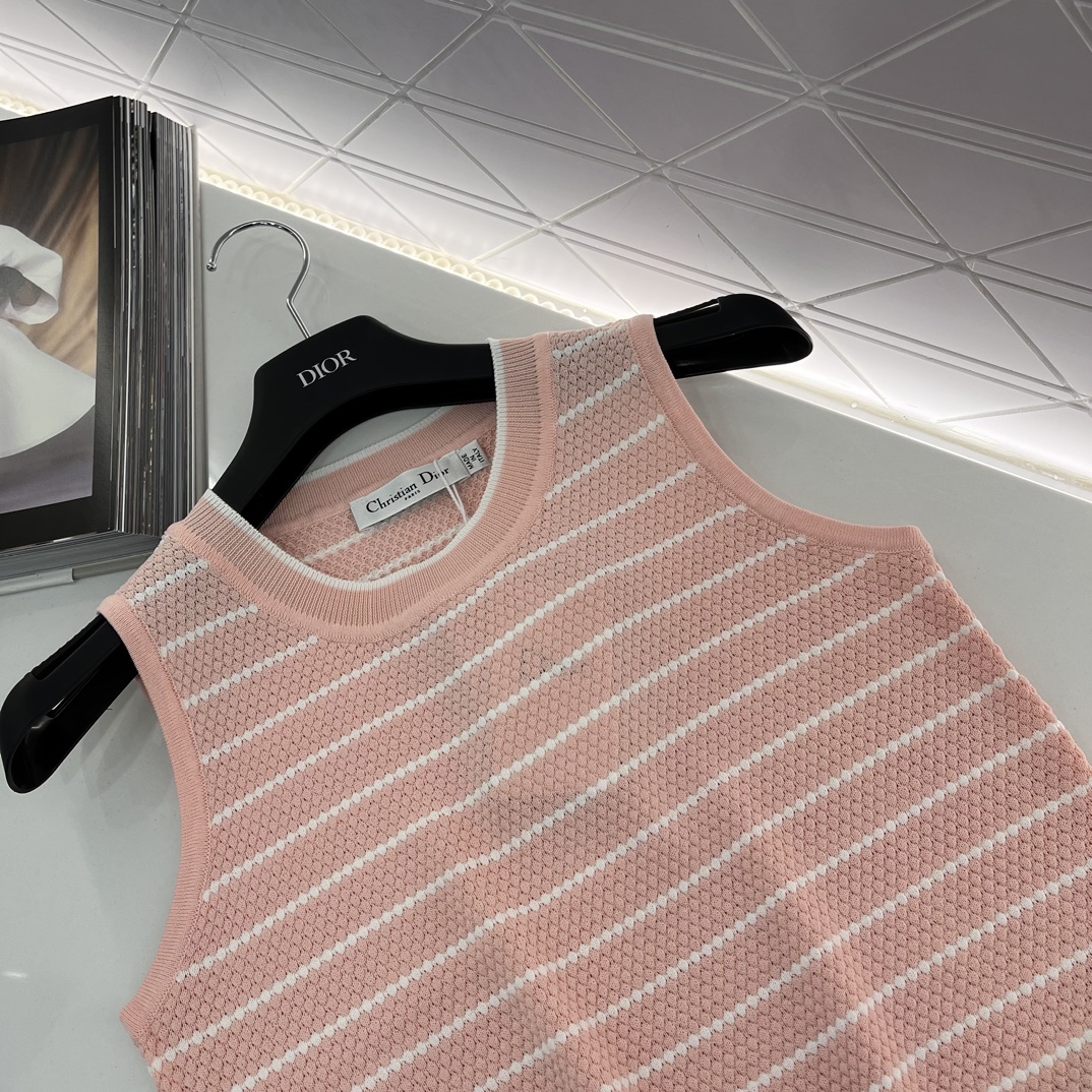ディオール セーター レディースコピー トップス 無袖 シンプル ニット 通気性いい 縞模様 ファッション ピンク_4
