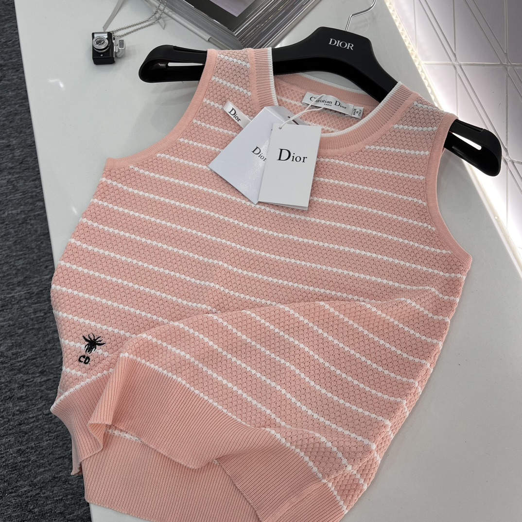 ディオール セーター レディースコピー トップス 無袖 シンプル ニット 通気性いい 縞模様 ファッション ピンク_6