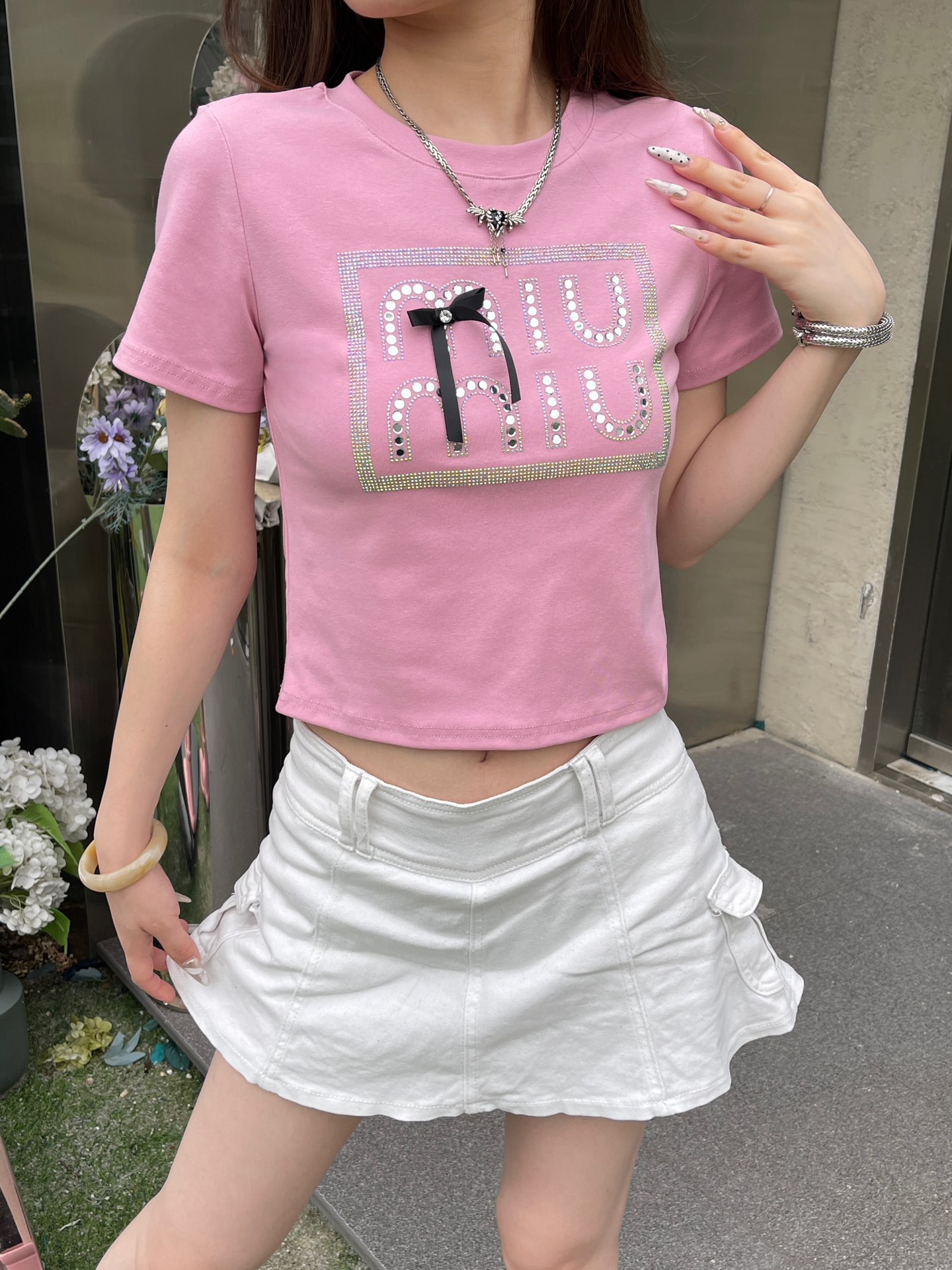 ミュウミュウ ロンt偽物 純綿 トップス Tシャツ 少女感 ショット 柔らかい セクシー ファッション ピンク_1
